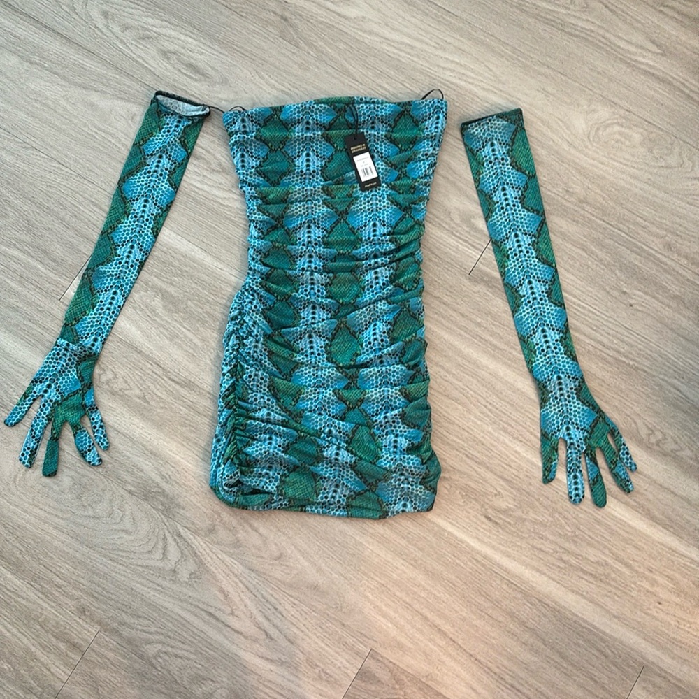 AFRM snake print ruched mesh dress